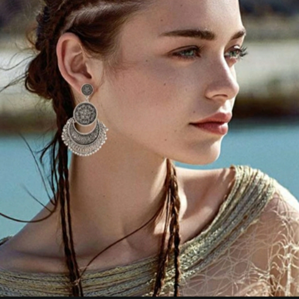 3/$30 Ethnic Brocade Lotus Dangle Earrings Silver - Picture 3 of 4